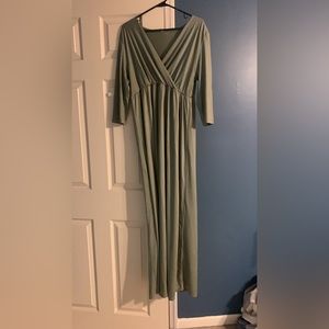 KIM S Maternity Maxi Dress with Flower Sash Wrapped Ruched V Neck Photoshoot